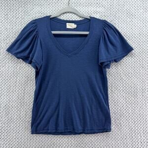 Nation LTD Top Womens S Blue Elevated Tee Flutter Short Sleeve V-Neck Casual
